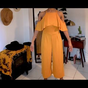 Boohoo Mustard Cold shoulder culotte jumpsuit